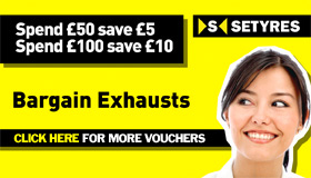 Bargain exhausts voucher saving £5 when you spend £50 & £10 when you spend £100 on car exhausts with Setyres