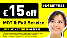 Book an MOT test alongside a full service at your local Setyres branch and save £15 with this voucher