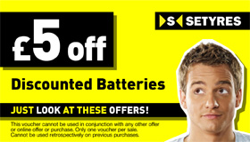 Print this voucher to save £5 when you buy a car battery at your local Setyres branch