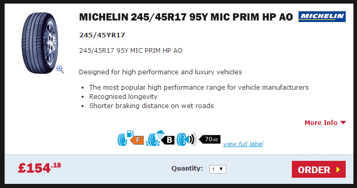 Buy Michelin 245/45R17 95y mic prim hp ao tyres from Setyres
