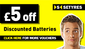 £5 discount on car tyre batteries with this voucher from Setyres

