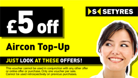 Print this voucher to save £5 on an air con top-up at your local Setyres branch