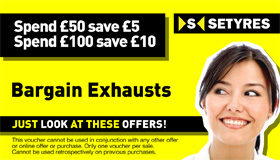 Save on exhausts - get £5 off a £50 spend or £10 off a £100 spend with this voucher at your local Setyres branch